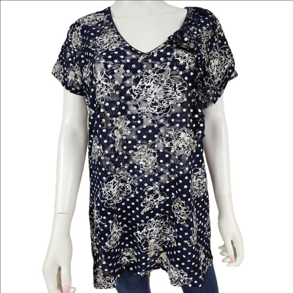 Eyeshadow Tops - Eyeshadow V-Neck Short Sleeve Sheer With Floral Accent Size 17/19